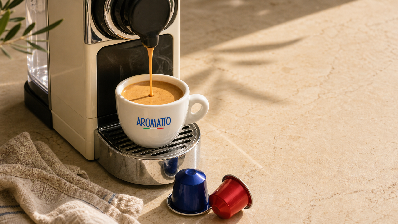 Aromatto espresso pouring from a capsule machine with a rich golden crema